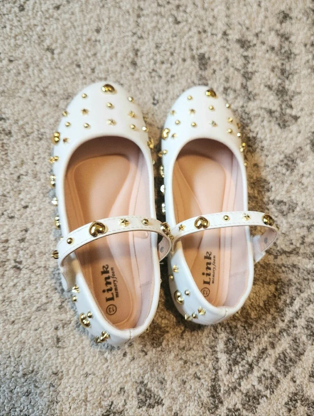 Girls White Mary Jane Shoes with Gold Heart & Star Studs
